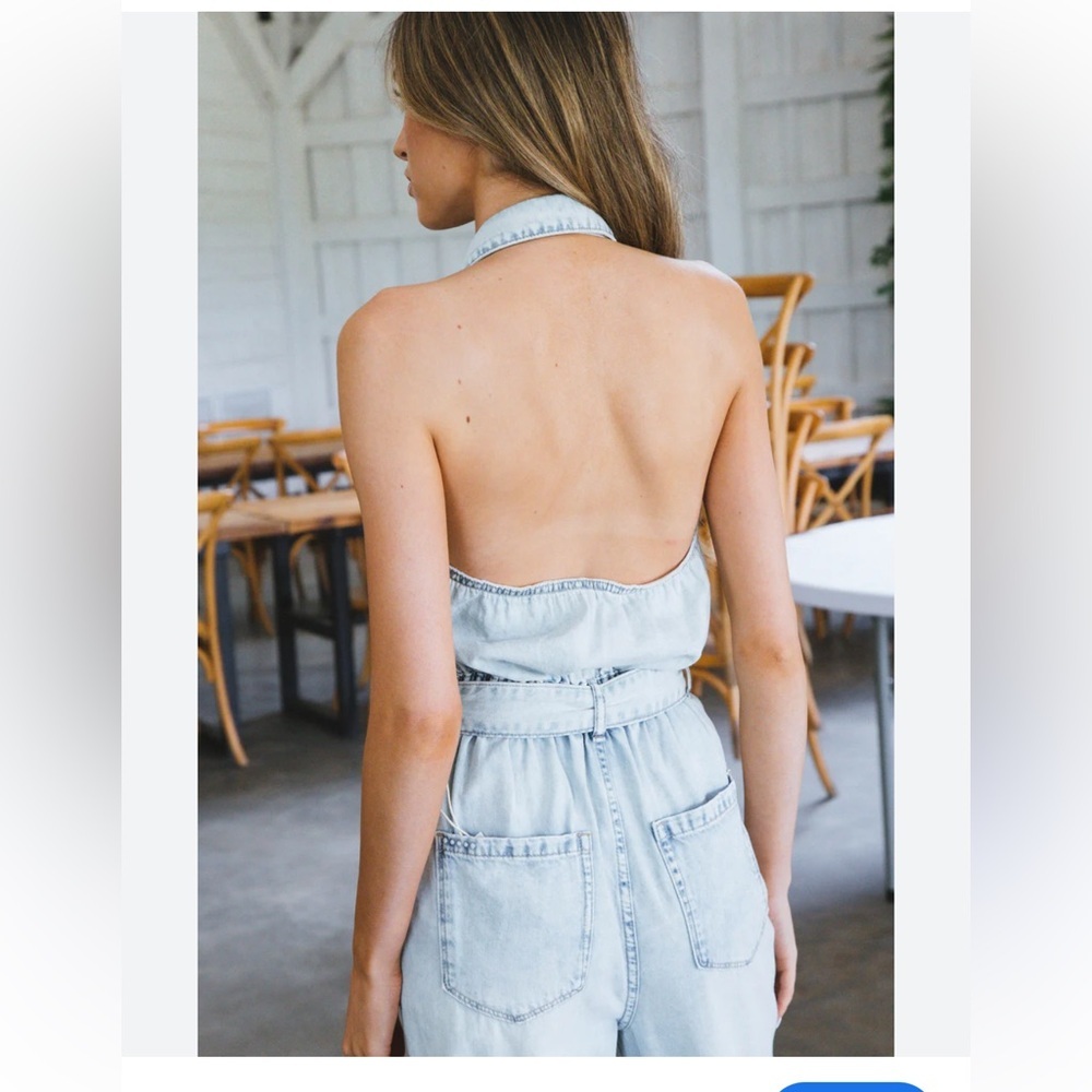 Blank NYC Light Blue call my name backless halter Denim Jumpsuit